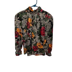 Vintage Worthington Women's 8 Blouse Long Sleeve Cuffs Abstract Floral 80s
